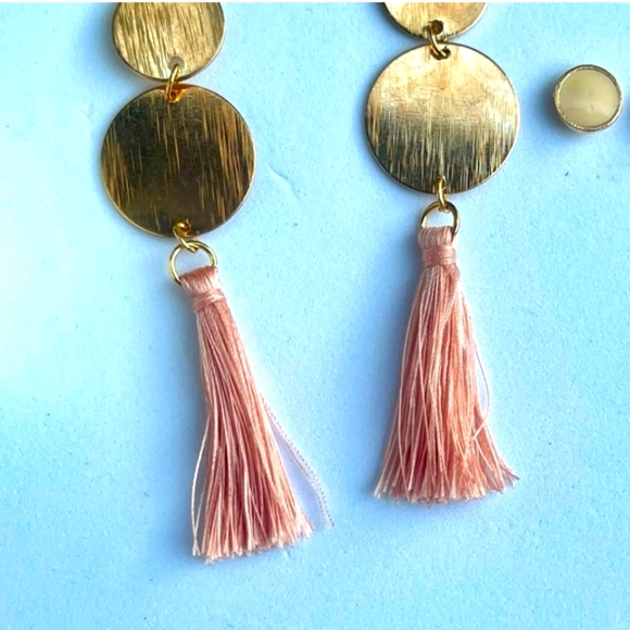Golden Disks &  Pink Fringe Earrings - Picture 3 of 6